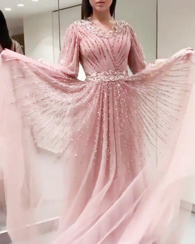 v  neck beaded prom dresses long sleeve crystal pink elegant prom gown 2021 vestido de longo