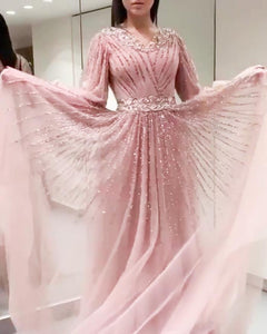 v  neck beaded prom dresses long sleeve crystal pink elegant prom gown 2021 vestido de longo