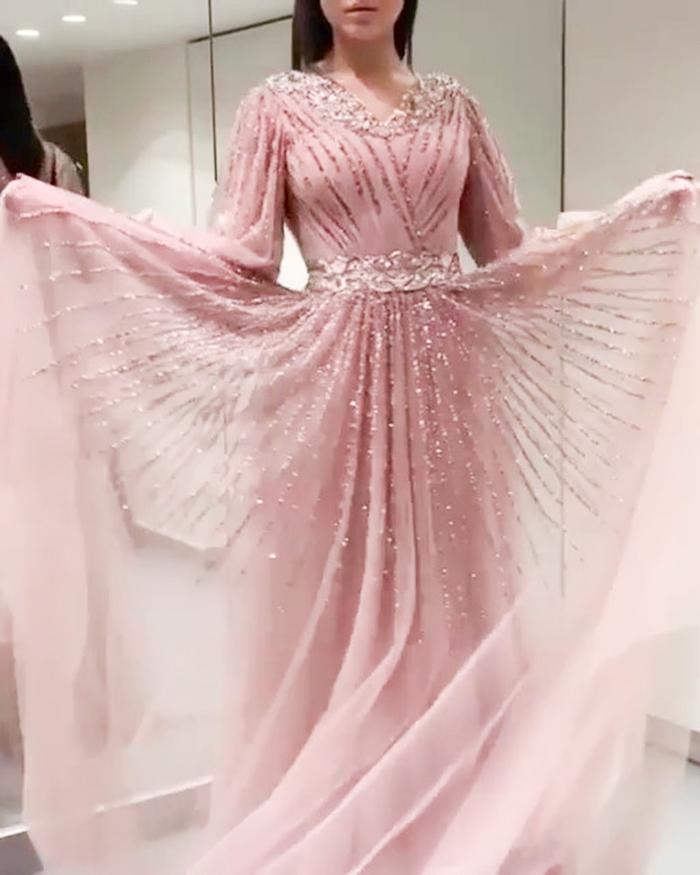 v  neck beaded prom dresses long sleeve crystal pink elegant prom gown 2021 vestido de longo