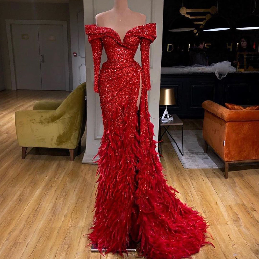 modest evening dresses long sleeve red sparkly feather mermaid luxury evening gown 2021