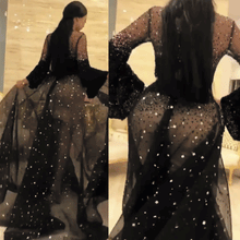 Load image into Gallery viewer, arabic prom dresses 2020 flare sleeve beaded crystals luxury black prom gown vestido de festa