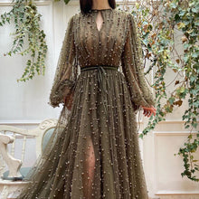 Load image into Gallery viewer, flare sleeve beaded prom dresses 2020 brown elegant luxury arabic prom gown 2021 vestidos