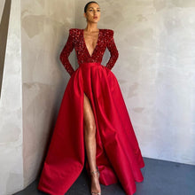 Load image into Gallery viewer, red sparkly prom dresses with pockets long sleeve sequin deep v neck elegant prom gown robes