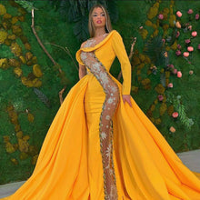 Load image into Gallery viewer, vestido de fiesta detachable skirt yellow evening dresses long sleeve 2021 beaded applique formal evening gown