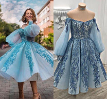 Load image into Gallery viewer, sparkly prom dresses vestido de graduacion sequin applique blue prom gown short robe de cocktail