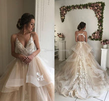Load image into Gallery viewer, robe tiered wedding dresses ball gown champagne laceapplique v neck romantic wedding gown