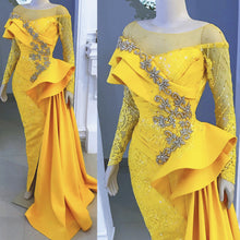 Load image into Gallery viewer, yellow evening dresses long sleeve lace appliqué luxury mermaid beaded elegant evening gown with train 2020