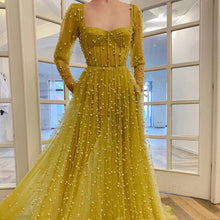 Load image into Gallery viewer, long sleeve beaded prom dresses 2021 yellow sweetheart neck elegant luxury prom gown 2020