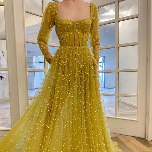 long sleeve beaded prom dresses 2021 yellow sweetheart neck elegant luxury prom gown 2020