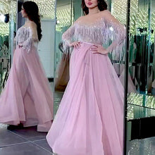 Load image into Gallery viewer, pink tassel prom dresses 2021 beaded elegant a line tulle cheap prom gown 2020 robe de soiree