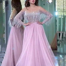 Load image into Gallery viewer, pink tassel prom dresses 2021 beaded elegant a line tulle cheap prom gown 2020 robe de soiree