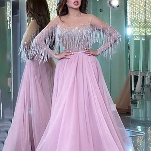 pink tassel prom dresses 2021 beaded elegant a line tulle cheap prom gown 2020 robe de soiree