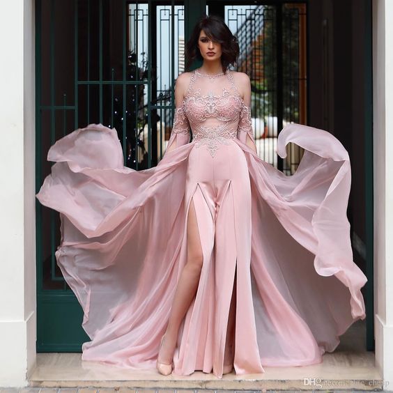 pink jumpsuits for women 2020 beaded Dubai fashion elegant cheap chiffon pants for weddings