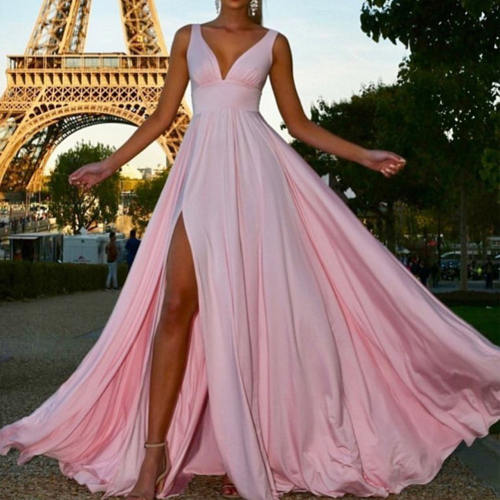 pink prom dresses long chiffon simple v neck sleeveless a line elegant cheap prom gown