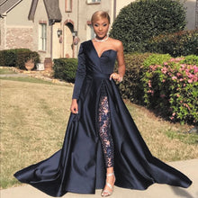 Load image into Gallery viewer, navy prom dresses with removable train jumpsuits for women Lace Applique elegant satin pant suit for weddings