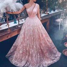 Load image into Gallery viewer, one shoulder pink prom dresses 2020 sparkly lace appliqué elegant sleeveless luxury prom gowns