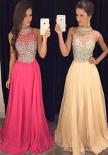 Load image into Gallery viewer, high neck beaded prom dresses long chiffon champagne or hot pink sleeveless elegant prom gown