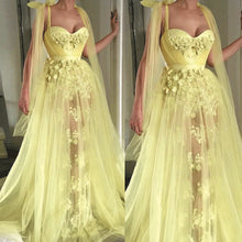 Load image into Gallery viewer, 3d flowers prom dresses long yellow elegant lace appliqué beaded sleeveless prom gown vestido Longo