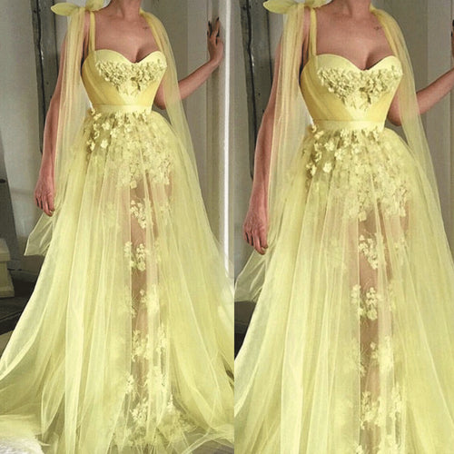 3d flowers prom dresses long yellow elegant lace appliqué beaded sleeveless prom gown vestido Longo