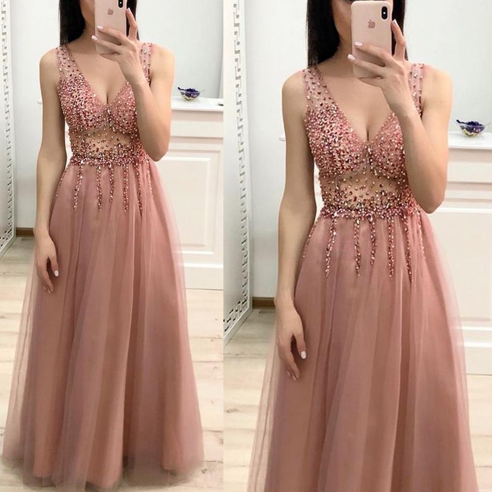 v neck beaded prom dresses 2020 dusty pink sheer a line sexy formal dress prom gown vestido de longo