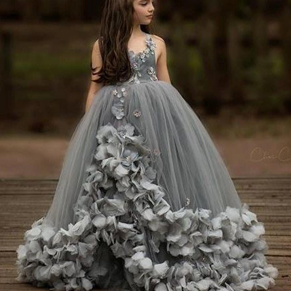 handmade flowers gray flower girl dresses for weddings 2020 cheap cute kids prom ball gown pageant little girl dress