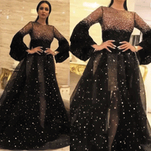 Load image into Gallery viewer, arabic prom dresses 2020 flare sleeve beaded crystals luxury black prom gown vestido de festa