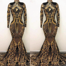 Load image into Gallery viewer, black and gold evening dresses long sleeve high neck vintage sparkly sequin appliqué evening gown