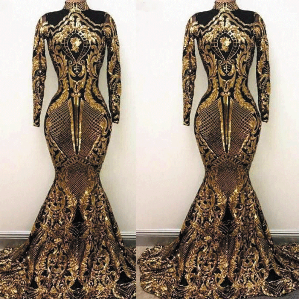 black and gold evening dresses long sleeve high neck vintage sparkly sequin appliqué evening gown