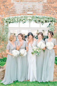 sage green bridesmaid dresses long v neck sparkly sequined short sleeve elegant wedding party dresses