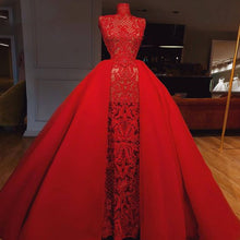 Load image into Gallery viewer, vintage high neck prom dresses 2021 detachable skirt lace applique red elegant luxury prom gowns 2022