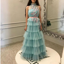 Load image into Gallery viewer, tiered prom dresses ball gown high neck embroidery applique elegant mint green prom gown