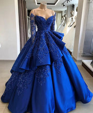 Load image into Gallery viewer, royal blue prom dresses ball gown beaded applique satin tiered luxury real photo prom gown