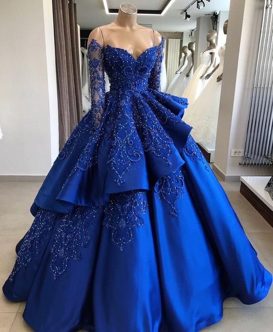 royal blue prom dresses ball gown beaded applique satin tiered luxury real photo prom gown