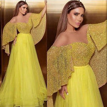 Load image into Gallery viewer, sparkly yellow prom dresses 2021 Vestido de fiesta de Longo beaded elegant arabic Dubai prom gowns