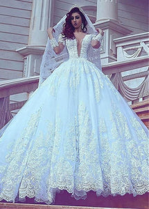sky blue lace wedding dresses ball gown vestido de noiva long sleeve v neck elegant boho wedding gowns