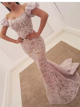 Load image into Gallery viewer, lace applique mermaid evening dresses long light pink beaded off the shoulder evening gown with sleeves