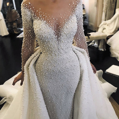 luxury wedding dresses 2020 detachable skirt peals beaded long sleeve elegant wedding gown vestido de noiva