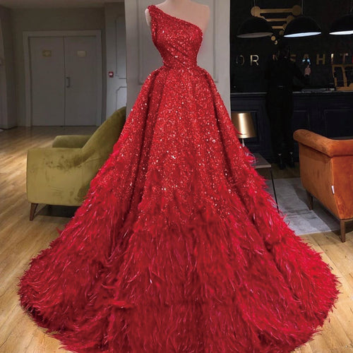 one shoulder ball gown prom dresses 2020 red sparkly feather luxury prom gowns 2021 robe de soiree