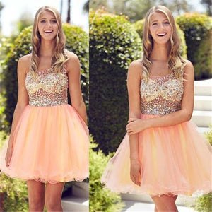 one shoulder peach prom dresses short beaded tulle sparkly cheap graduation dresses homecoming dresses
