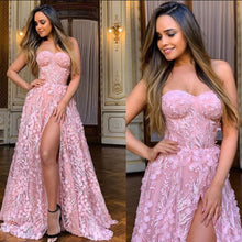 Load image into Gallery viewer, pink lace applique prom dresses long sweetheart neck elegant prom gown robe de soiree 2021