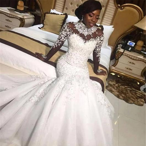 African luxury wedding dresses mermaid beaded crystal lace applique elegant modest wedding gown