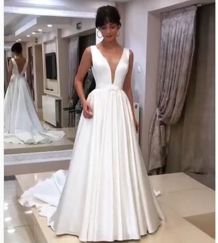 simple wedding dresses 2020 v neck sleeveless a line satin off white cheap bridal dresses 2021
