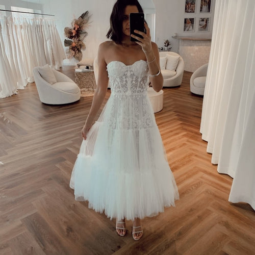 short wedding dresses 2020 lace applique sweetheart neck tea length simple cheap wedding gown 2021