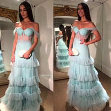 Load image into Gallery viewer, light blue prom dresses tiered off the shoulder sweetheart tulle elegant simple prom gown abendkleider