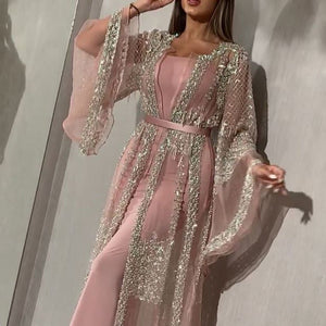 muslim Dubai prom dresses pink beaded elegant lace vintage luxury prom gown Vestido de Longo