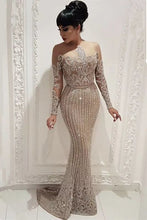 Load image into Gallery viewer, silver evening dresses long sleeve sparkly mermaid modest sexy formal dress vestidos de fiesta
