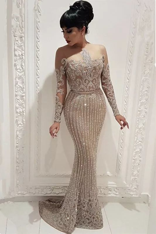silver evening dresses long sleeve sparkly mermaid modest sexy formal dress vestidos de fiesta