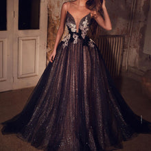 Load image into Gallery viewer, black sparkly prom dresses spaghetti strap v neck Lace Applique sexy formal prom gown