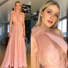 Load image into Gallery viewer, one shoulder lace prom dresses long pink chiffon elegant cheap prom gown vestidos de fiesta