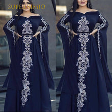 Load image into Gallery viewer, muslim prom dresses 2020 lace applique Dubai fashion chiffon navy blue vintage arabic prom gown 2021